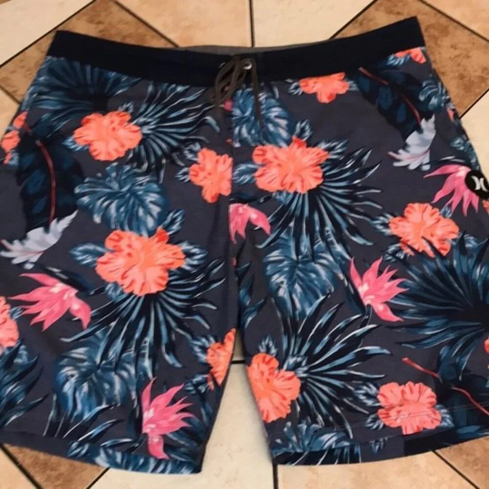 Hurley Men's Board Shorts Floral Tropical‎ Hibiscus Swim Trunks Blue 36